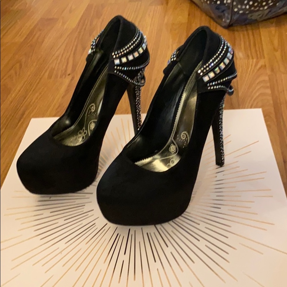 Blinged out black stiletto heels